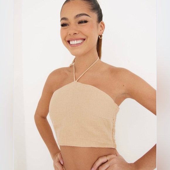 FAITHFULL THE BRAND CALIPO Crop Halter TOP Women’s size 6 beige 100% linen NWT - Picture 1 of 8